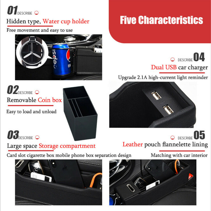 New USB Car Seat Gap Catcher Filler Storage Box Cup Pocket Organizer Holder