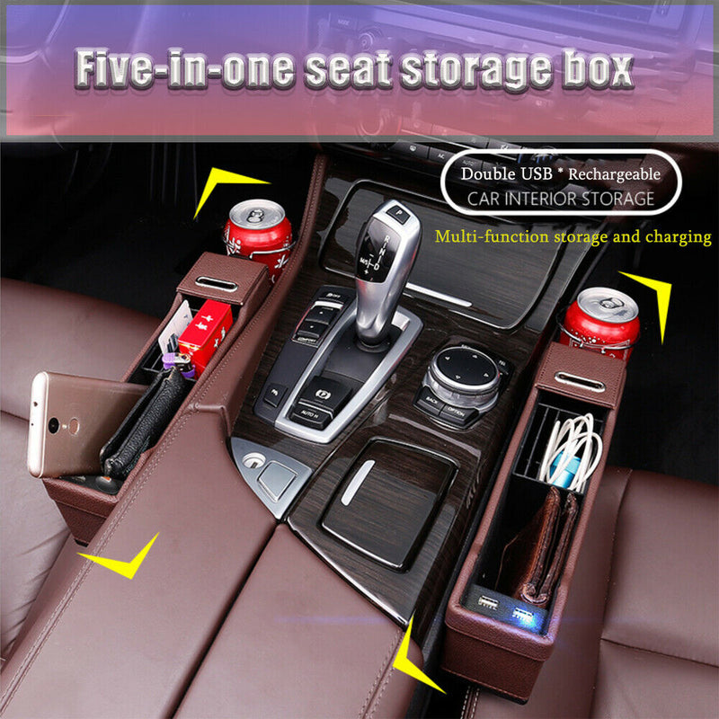 Beige USB Car Seat Gap Catcher Filler Storage Box Cup Pocket Organizer Holder