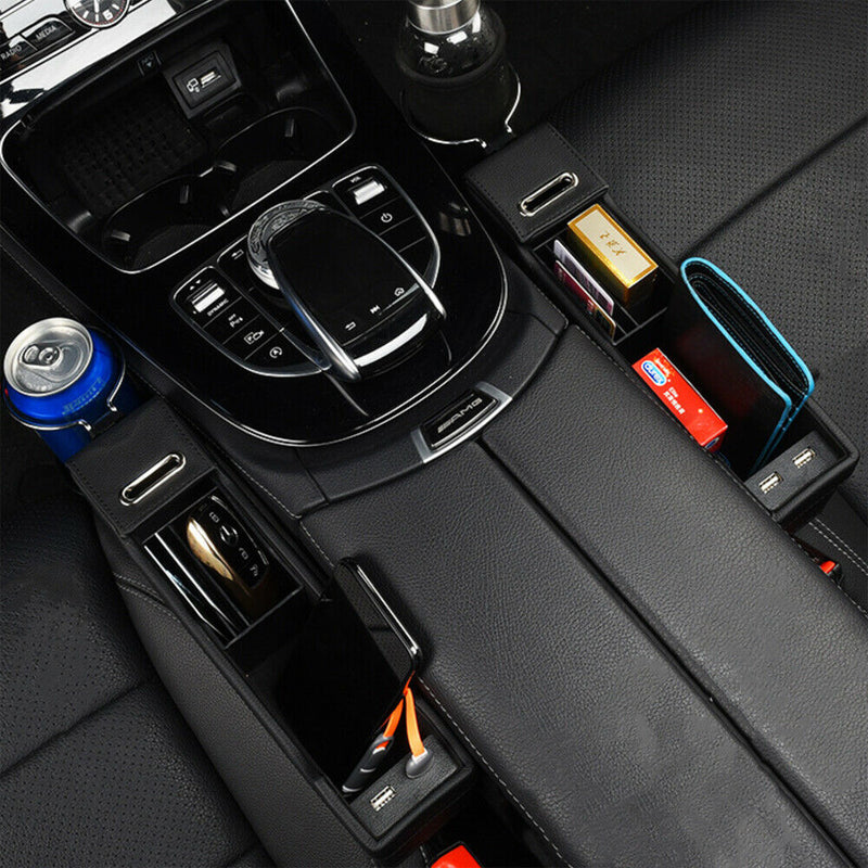 New USB Car Seat Gap Catcher Filler Storage Box Cup Pocket Organizer Holder
