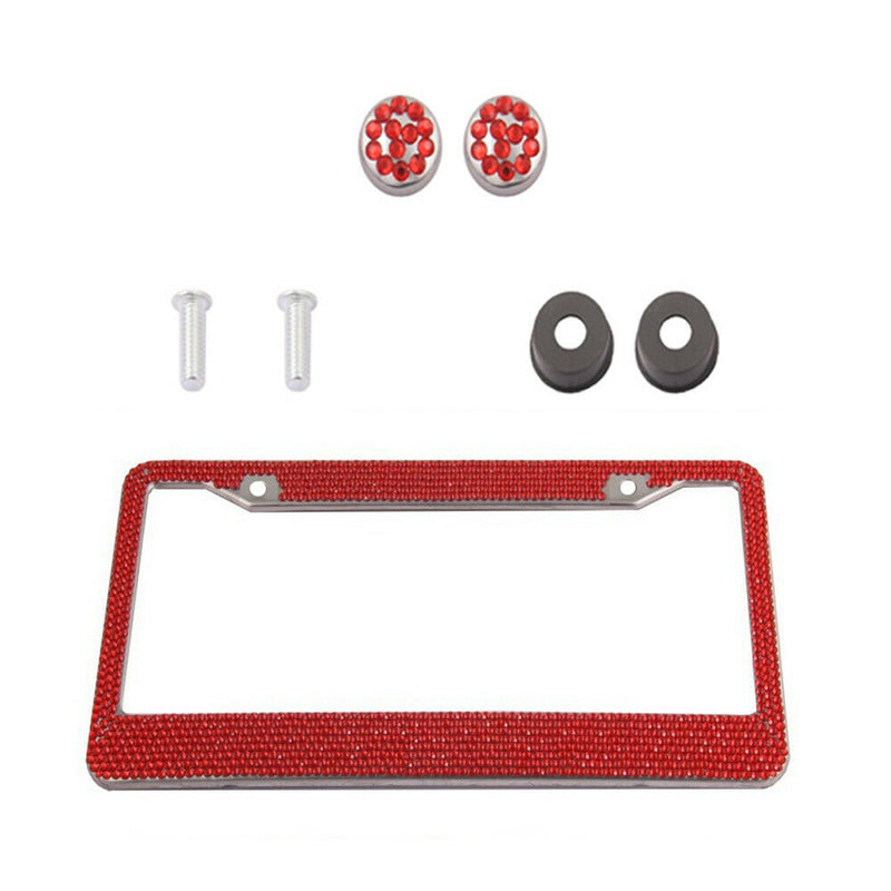 1 pcs Metal Diamond Bling Glitter License Plate Frame Tag Cover Screw Caps Red