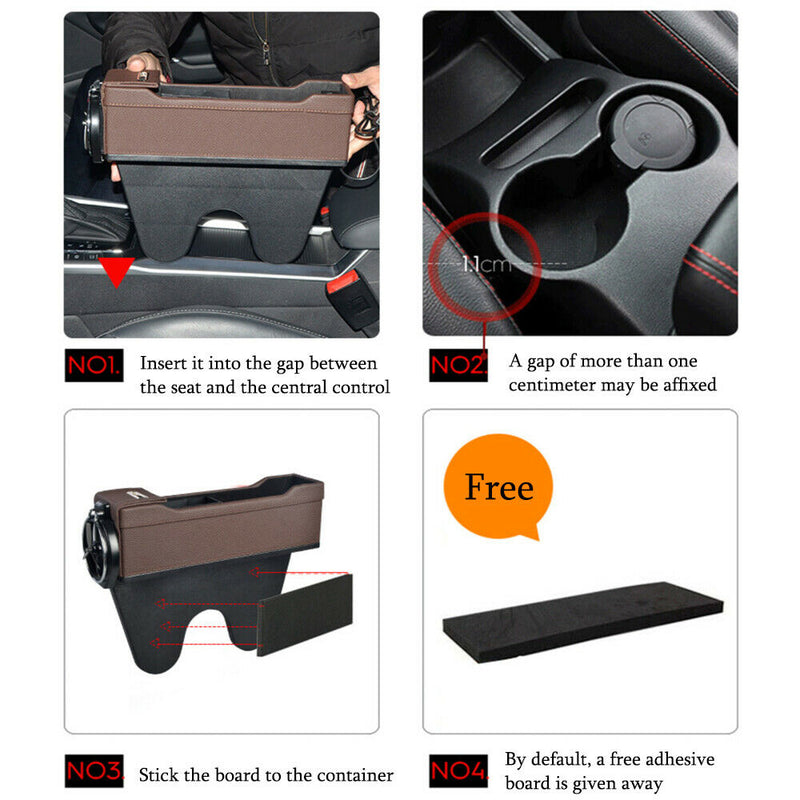 Beige USB Car Seat Gap Catcher Filler Storage Box Cup Pocket Organizer Holder