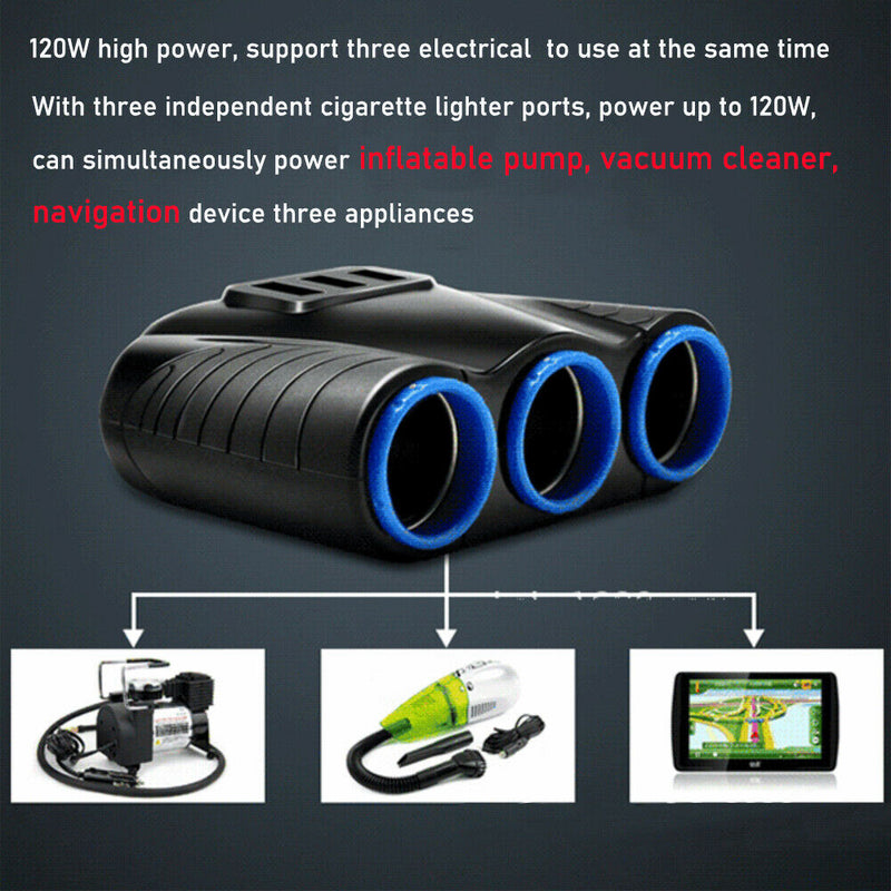 12V Three USB Cigarette Lighter Socket Splitter 3 way Charger Power Adapter Car