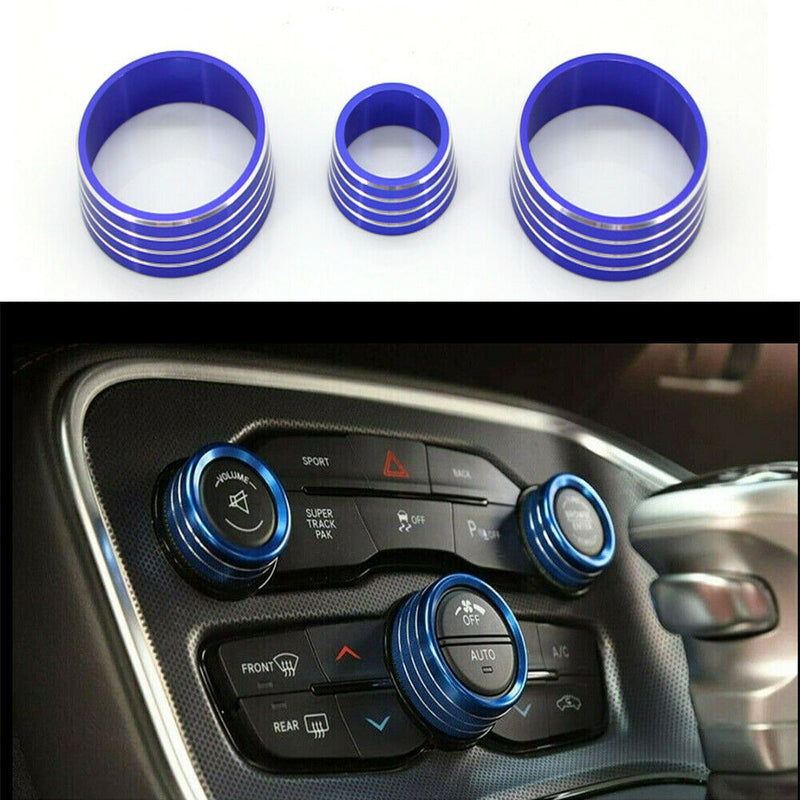 3x Blue Aluminum AC Climate Control Switch Button Knob Ring Cover For Honda Jazz