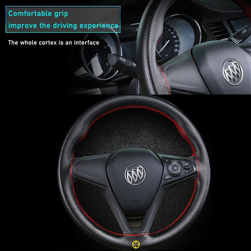 Black+Red DIY PU Leather Auto Car Steering Wheel Cover With Needles and Thread