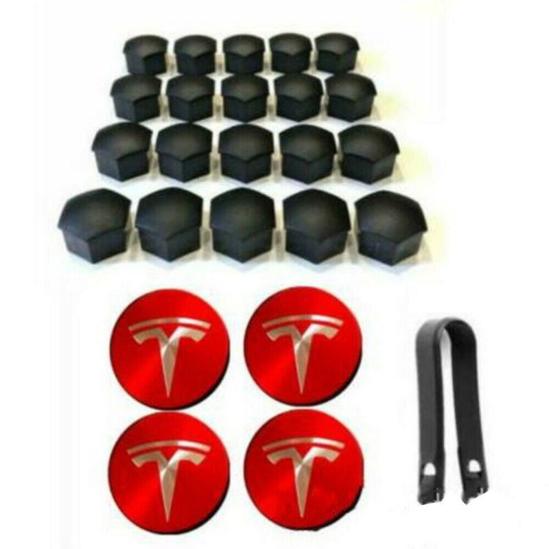 Tesla Model 3 S X Y Car Wheel Center Hub Cap Cover and Lug Nut Covers Kit Red